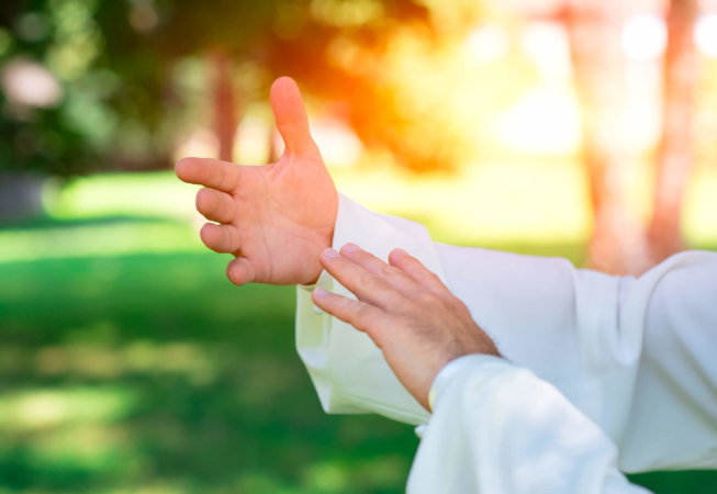 65840046 - practice of tai chi chuan in the park. detail of hand positions